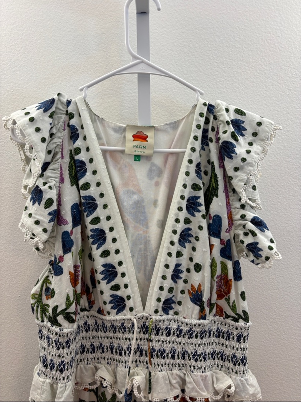 Farm Rio Floral Midi Dress Large Boho Ruffle Lace Smocked Waist Vacation Large - Picture 3 of 8